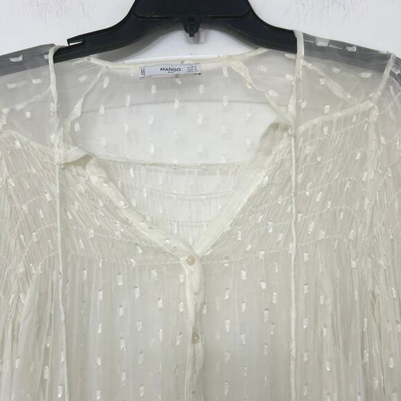 Mango Ivory Sheer Swiss Dot Balloon Sleeve Fringe Flowy Boho Peasant Blouse SM - Picture 5 of 15
